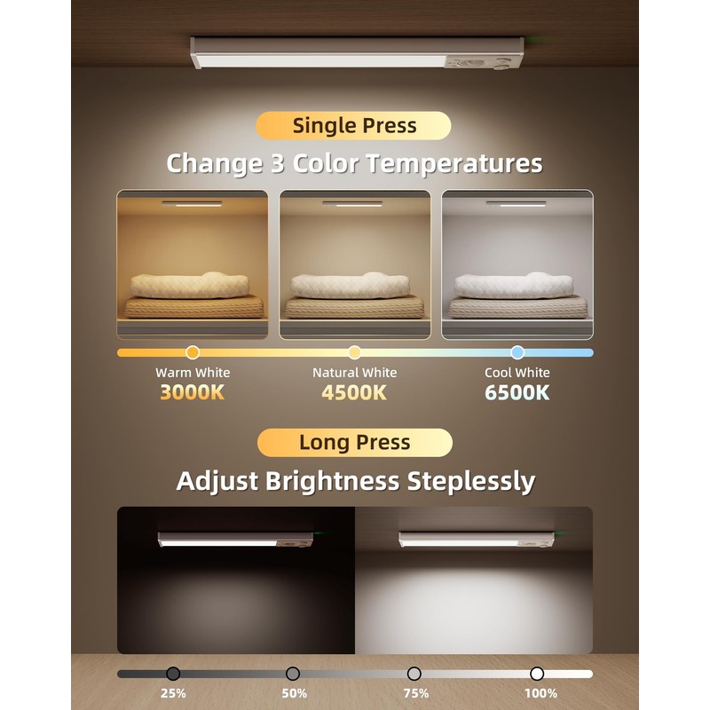 EZVALO Under Cabinet Lighting Wireless, 8'' 1800mAh Rechargeable Closet Light,