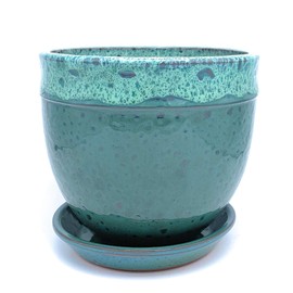 Sun Cakes Ceramic Plant Pot Glazed with Saucer Round Terracotta with Drip Tray Flower Pot Clay Coloured Flower Pot Bella (14cm x 12cm, Green)