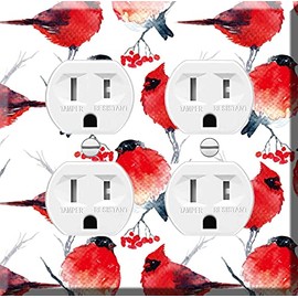 Double Duplex Outlet Cover Wall Plate - Watercolor winter background with bullfinch and cardinal