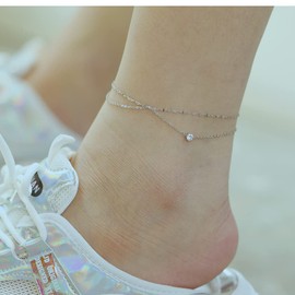 Women's Stainless Steel Anklet, Cubic Zirconia, Double Chain, Rose Gold, Silver, Adjustable, 8.3 + 1.8 inches (21 + 4.5 cm), Hypoallergenic Metal, Stylish, Accessory, Gift, Birthday, Christmas,