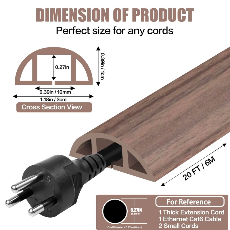 Floor Cord Cover Self Adhesive Cord Hider,20FT Cable Management, Extension
