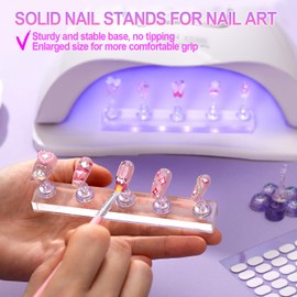 2 Nail Stand for Press Ons, Fake Nail Holder for Painting Nails, Upgrade Solid Acrylic Nail Stands Nail Magnets for Nail Art Design, Flower Nail Holder for Nail Practice Display Supplies W/ Glue Tips