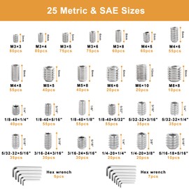 VIGRUE 1105PCS 25 Sizes Metric & SAE Set Screw Assortment Kit Internal Hex Drive Allen Grub Screws Set Cup-Point 304 Stainless Steel, M3 to M8 and 1/8-40 to 5/16-18