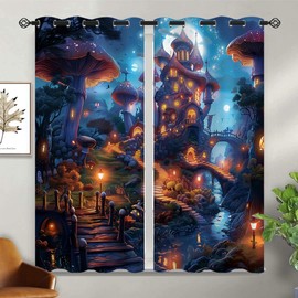 XINBADU Forest Fairy Tales Blackout Curtains for Girls Boy Home Decor, Fantasy Mushroom Houses Grommet Thermal Insulated Drapes Darkening Window Curtain for Bedroom Living Room, 55 x 63 Inch
