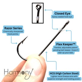 Harmony Fishing – Flex Keeper Flipping Hooks (10 Pack) – Bass Fishing Flippin Cover Hooks | Adjustable Flexible Bait Keeper | Epoxy Sealed Eye | HCS | Slick Black Nickel Coating (Size 1/0 (10 Pack))