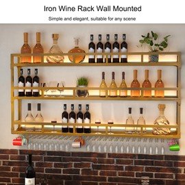 Wall Wine Rack Floating Bar Shelves Wall Mounted with LED Light Liquor Bottle Display Shelf with Hanging Wine Glass Rack Kitchen Wall Shelf Liquor Cabinet Bar Stand for Home Bar Cafe Restaurant(Gold,3