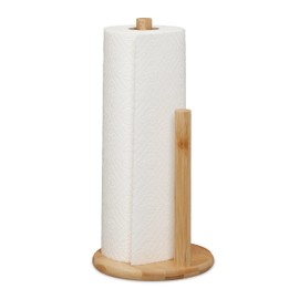 Relaxdays Standing Kitchen Roll Holder Bamboo Roll Holder with Roll Stop, H x D: 28 x 14.5 cm, Natural