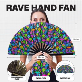 SoJourner Bags Psychedelic Mushroom - Hand Fan Rave Fan - Festival Fan - Large Folding Fan for Festivals Outfits for Women & Rave Accessories - Clack Fan Hand Fan Rainbow Fan - Hand Fan