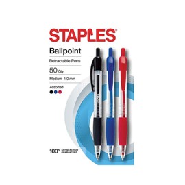 Staples Retractable Ballpoint Pens, 1.0 mm Tip, Pack of 50 Assorted Colors - 20 Black, 20 Blue & 10 Red