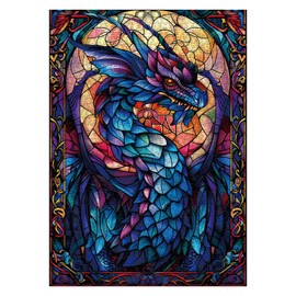 Fantasy Dragon Puzzles for Adults 1000 Pieces, Stained Glass Art Jigsaw Puzzles, Blue Purple Darkness Western Dragon Puzzle