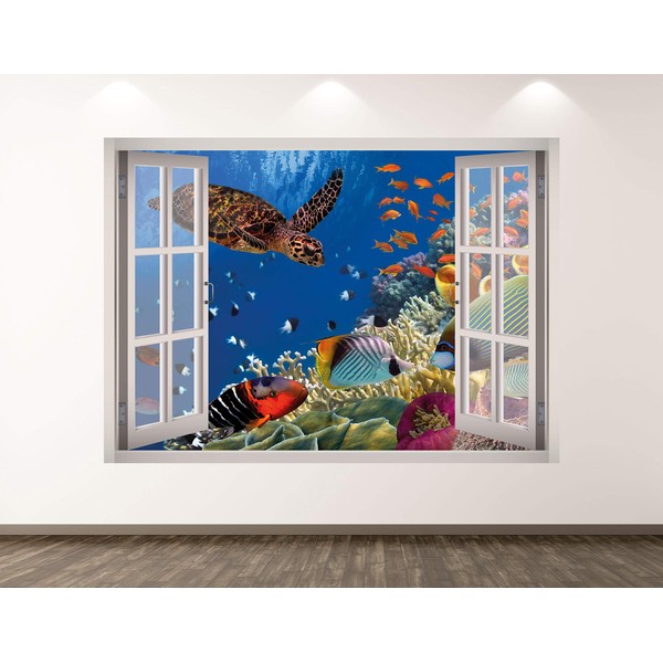 Aquarium Wall Decal Art Decor 3D Window Turtle Sticker Mural Kids Room Custom Gift BL143 (70"W x 50"H)