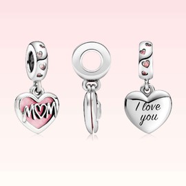 MSPOVOF Mom Charms Heart Pendant S925 Sterling Silver Bead for Bracelet Necklaces Jewellery Gift for Women, Cubic Zirconia
