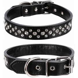 Pimaodog Rhinestones Dog Collar, Adjustable Sparkly Crystal Studded Genuine Leather Pet Dog Collar for Small and Medium Dogs (S, Black)
