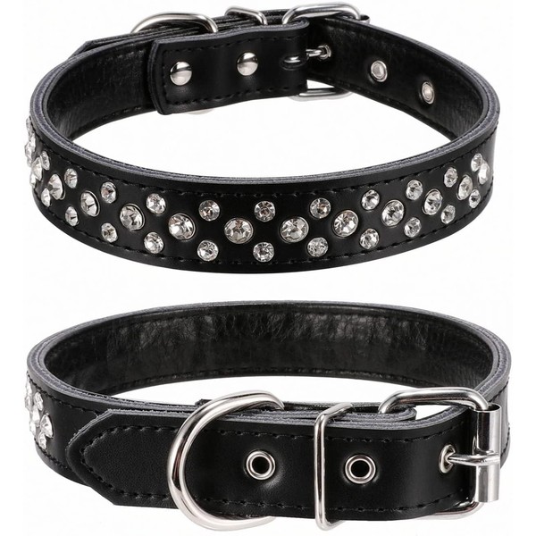Pimaodog Rhinestones Dog Collar, Adjustable Sparkly Crystal Studded Genuine Leather