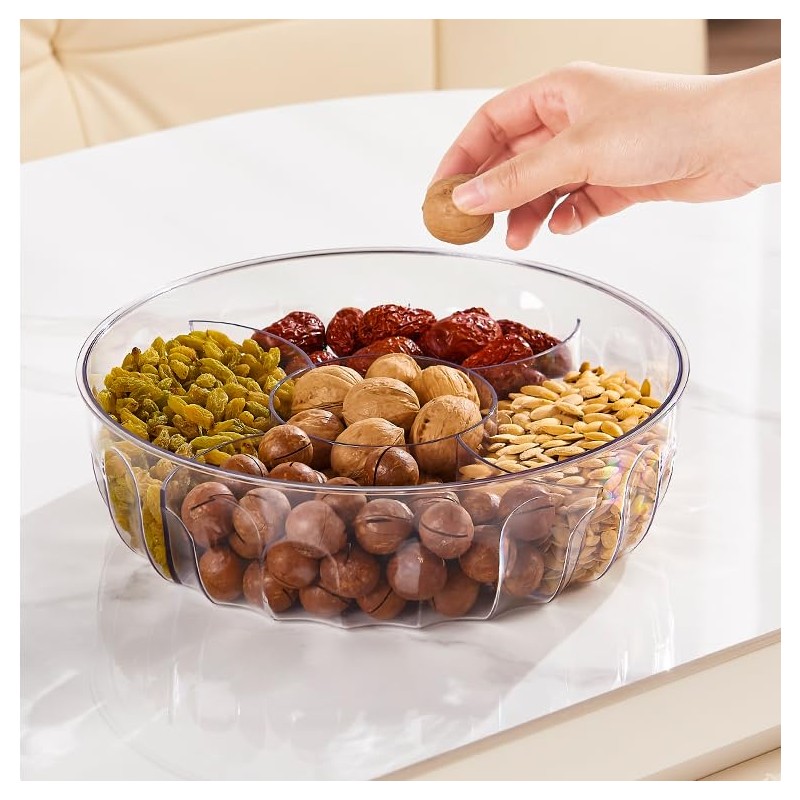 YIEZI Divided Serving Tray with Push-on Lid, 5 Compartments Round