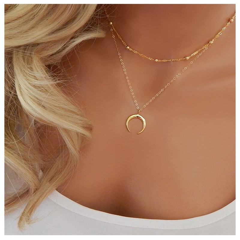 Andelaisi Boho Layered Choker Necklace Gold Moon Necklace Chain Crescent
