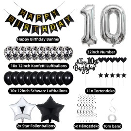 Cnrose 10. Geburtstag Dekoration,Schwarz Tortendeko Geburtstag 10 Jahre Junge,Black and White Party Deko,10 Geburtstag Mädchen Junge,Tortendeko 10. Geburtstag Junge Mädchen,Geburtstagsdeko 10 Jahre Mädchen