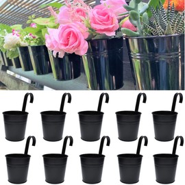 LaLaGreen Railing Planter 10 Pack, 6 Inch Hanging Flower Pot Black, Outdoor Large Metal Iron Fence Bucket, Balcony Garden Wall Deck Porch Patio Rail Decor Hanger Hook Farmhouse Balcony 6'''' (15cm)