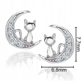 MENNICA BYDGOSKA Earrings Silver 925 Cats on a Crescent Moon with Diamond Cubic Zirconia for Girls Women Clasp Stud Earrings Nickel Free Gift, Sterling Silver