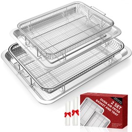 Air Fryer Basket for Oven, 2 Set Oven Air Fryer Basket and Tray with 60 PCS Parchment Papers, Demaxia Crisper Tray Non-stick Stainless Steel Air Fry Pans for Convection Oven(15.8" × 11" & 13" × 9.7")