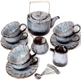 Porcelain Tea Sets, 9 OZ （270ml) Cups& Saucer Service for 6, with Teapot Sugar Bowl Cream Pitcher Teaspoons and tea strainer for Tea/Coffee
