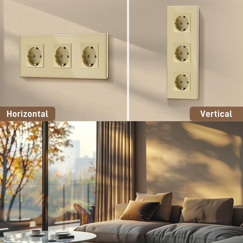 BSEED Glass Schuko Socket, 3-Way Crystal Glass Panel Socket, Triple