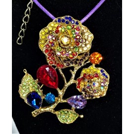 BETSEY JOHNSON STATEMENT PIN PENDANT MULTI COLOR CRYSTAL  GOLD ROSE LEATHER CORD