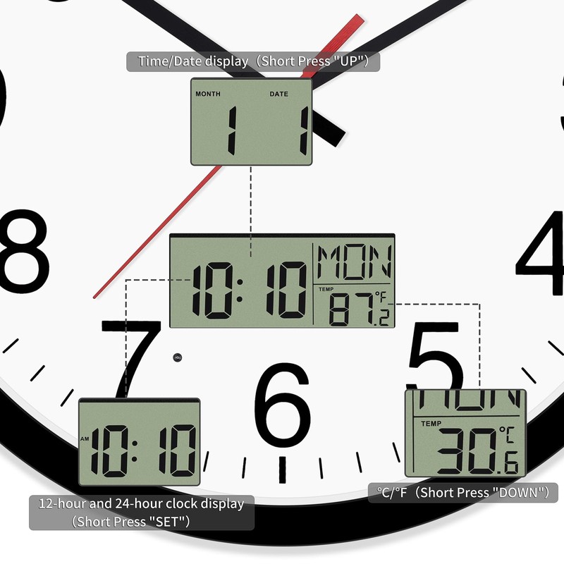 Koosome Digital Wall Clock with Lighted LCD Display Temp, Week,