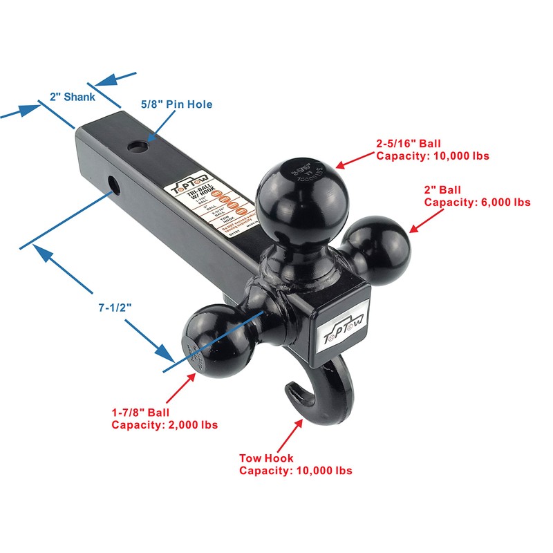 TOPTOW 64181L Trailer Receiver Hitch Triple Ball Mount with Hook,