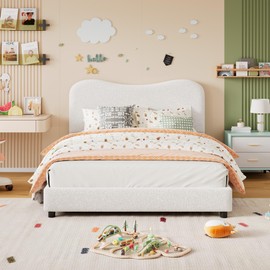 GarveeHome Twin Bed Frame for Kids with Velvet Upholstered Headboard, Cute Low Profile Platform Bed for Girls and Boys, No Box Spring Needed, Strong Wooden Slats, Noise Free, Easy Assembly, White