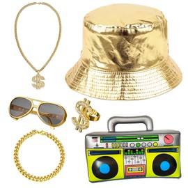 CHUANGLI 6 Pcs 80s 90s Hip Hop Costume Outfit Kit Inflatable Radio Boombox Necklace Ring Sunglasses Hat Rapper Accessories (#08)