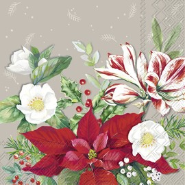 IHR Ideal Home Range Cocktail Napkins Disposable 3-Ply Paper Party Napkin Pack, 5" x 5", Christmas Florals (Grey), 20-Count