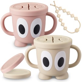 Jkevow Silicone Snack Cups Food Container for Toddlers and Babies, Spill Proof Training Cup with Snack Cup Lid & Dust Proof Lid, Comes with a toy strap, Without BPA, Lead, or Phthalates (Beige & Pink)