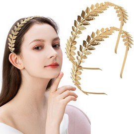 Pack of 2 Roman Goddess Headbands in Gold - Women's Hair Band for Bride, Girls & Boho Wedding - Laurel Wreath Hair Accessories with Golden Leaves as Crown Accessory