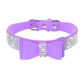 Haoyueer Cute Dazzling Sparkling Elegant Fancy Soft Suede Leather Bling Rhinestone Crystal Jeweled Pet Cat Dog Puppy Collar Dog Leash Combo Set (S, Purple-1)