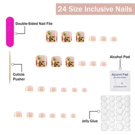 White French Tip Press on Toenails Short Square OFDNE Flower Press on Nails Toes Press on Toe Nails with Floral Designs Glossy Glue on Toenails Acrylic Toenails for Women Girls 24Pcs