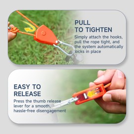 Pack of 6 Pulley with Cable Brake, Adjustable Rope Ratchet with Hook, 4 m, Windproof Outdoor Rope with Ratchet Reflective, Guy Ropes with Rope Tensioner 4 mm, for Camping, Tents