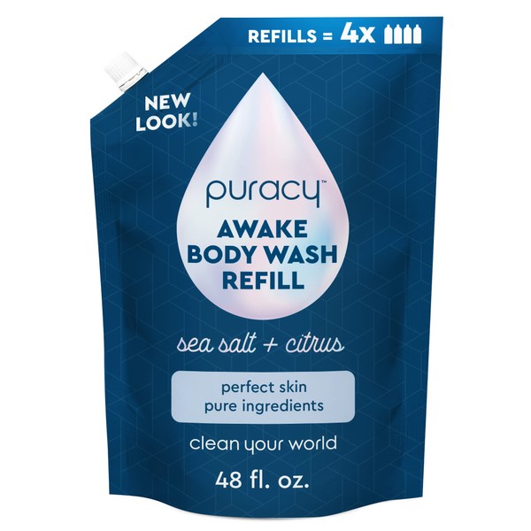 Puracy Awake Body Wash Refill - Perfect Skin, Pure Ingredients - 98.95% Pure Plant Ingredients, Moisturizing Natural Shower Gel for Dry and Sensitive Skin, Invigorating Scent (Sea Salt & Citrus, 48 Ounce)
