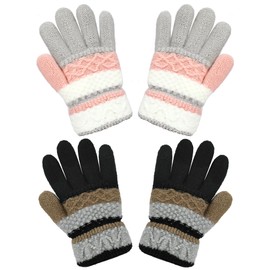 Becellen 2 Pairs of Children's Winter Gloves, Full Finger Warm Knitted Gloves, Thermal Colourful Knitted Finger Gloves for Boys and Girls, 4-10 Years Old, Black, grey