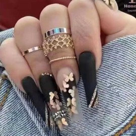 Kamize Luxury Press on Nails Extra Long Fake Nails Black Ballerina Coffin Butterfly False Nails for Women and Girls24PCS
