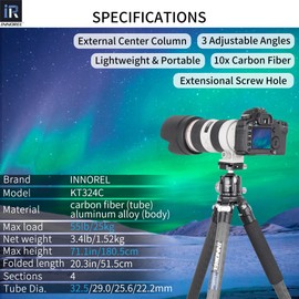 Carbon Fiber Tripod INNOREL KT324C Without Head Professional Portable Compact Travel Tripod for Digital DSLR Camera Heavy Duty Stand Support 1.28in/32.5mm Tube Max Load 55lbs/25kg with Center Column