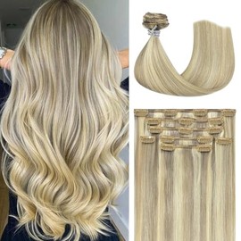 Honsoo Extensiones de cabello natural rubio decolorado mixto, 50,8 cm, 70 g, 7 unidades, extensiones de clip, sin desprendimiento ni enredos.