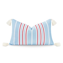 Hofdeco Premium Coastal Hampton Style Patio Indoor Outdoor Lumbar Pillow Cover Only, 12"x20" Water Resistant for Backyard, Couch, Baby Blue Red Stripe Tassel