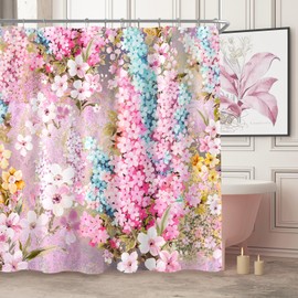 BayNook Extra Long Shower Curtain 72 x 84 Inch, Tall Pink Floral Shower Curtain for Bathroom, Pretty Funky Watercolor Colorful Flower Fabric Shower Curtain Set with Hooks