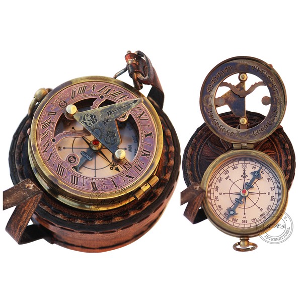 MAI Brass Sundial Compass Beautiful Gift Item with Leather Case - Sun Clock - Steampunk Accessory – Nautical Gift – Wedding Gifts for Him – Sundial Watch