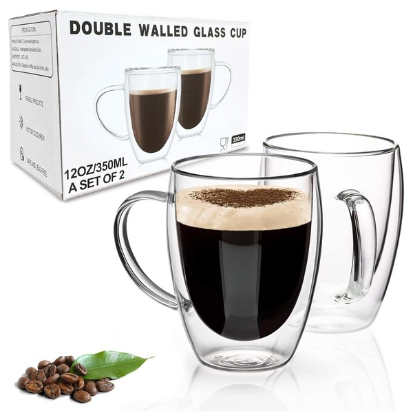 Nestling 2x350ml Double Walled Coffee Glasses Mugs with Handle, Cappuccino Latte Macchiato Cups for Tea Coffee Milk Juice Ice Cream, Dishwasher Safe, Heat Resistant Glass Cups