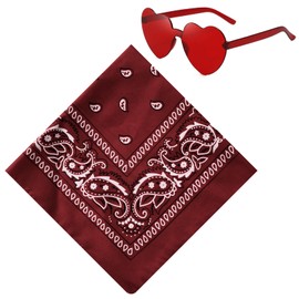 JIANGLAI Bandana with Heart Sunglasses, Disco Cowgirl Bachelorette Paisley Scarf for Men Women (Dark Red)