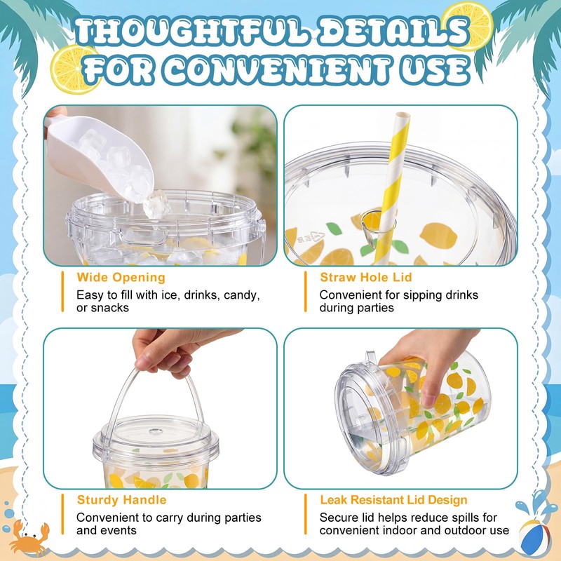 Ceenna 30 Pack 34 oz Lemon Plastic Drink Buckets with