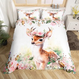 Feelyou Cute Deer Bedding Set Twin Size Kids Cartoon Animal Comforter Cover Set for Boys Girls Teens Flower Floral Print Duvet Cover Farm Zoo Garden Theme Bedspread Cover (No Comforter)