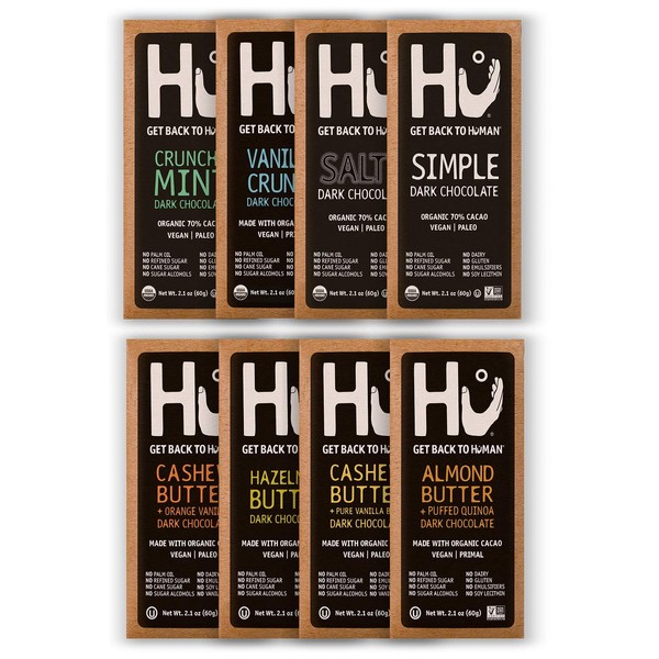 Hu Vegan Chocolate Bars | 8 Pack VARIETY SAMPLER PACK | Gluten Free, Paleo, Non GMO, Kosher Dark Chocolate | 2.1oz Each